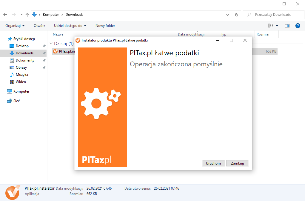 Zakończenie instalacji - możliwość uruchomienia programu przyciskiem Uruchom